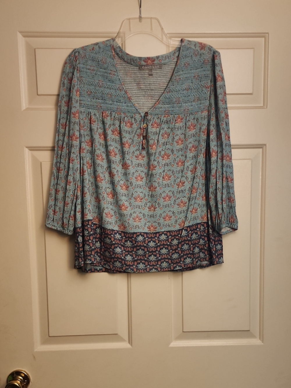 Daniel Rainn Blue Floral Smocked Yoke Blouse